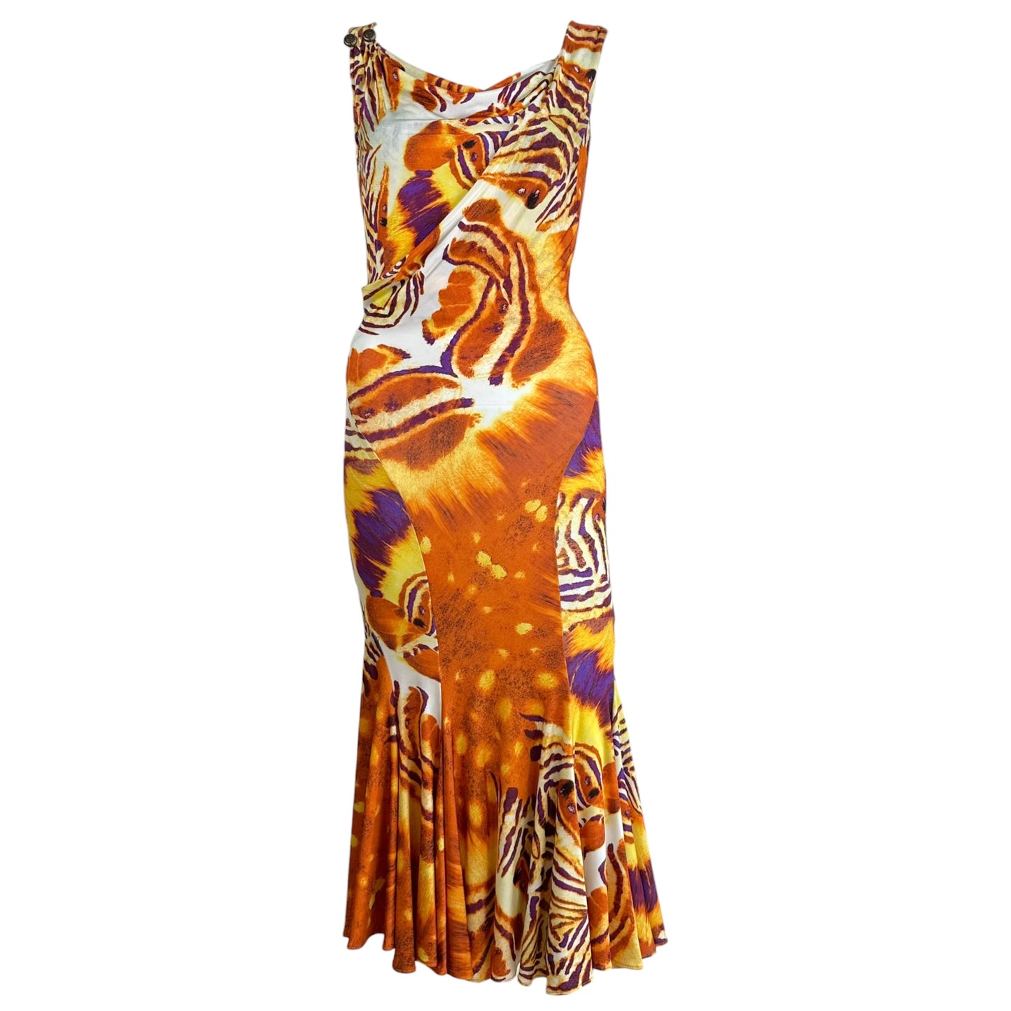 Roberto Cavalli Orange Purple Tiger Print Midi Dress