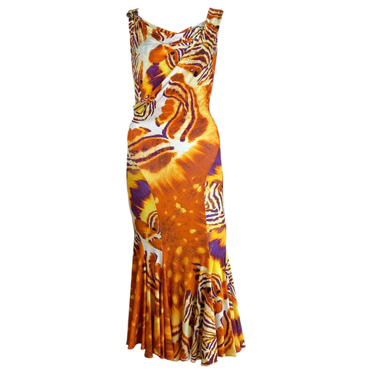 Just Cavalli Roberto Cavalli Orange & Purple Tiger Print Open Back Midi Dress