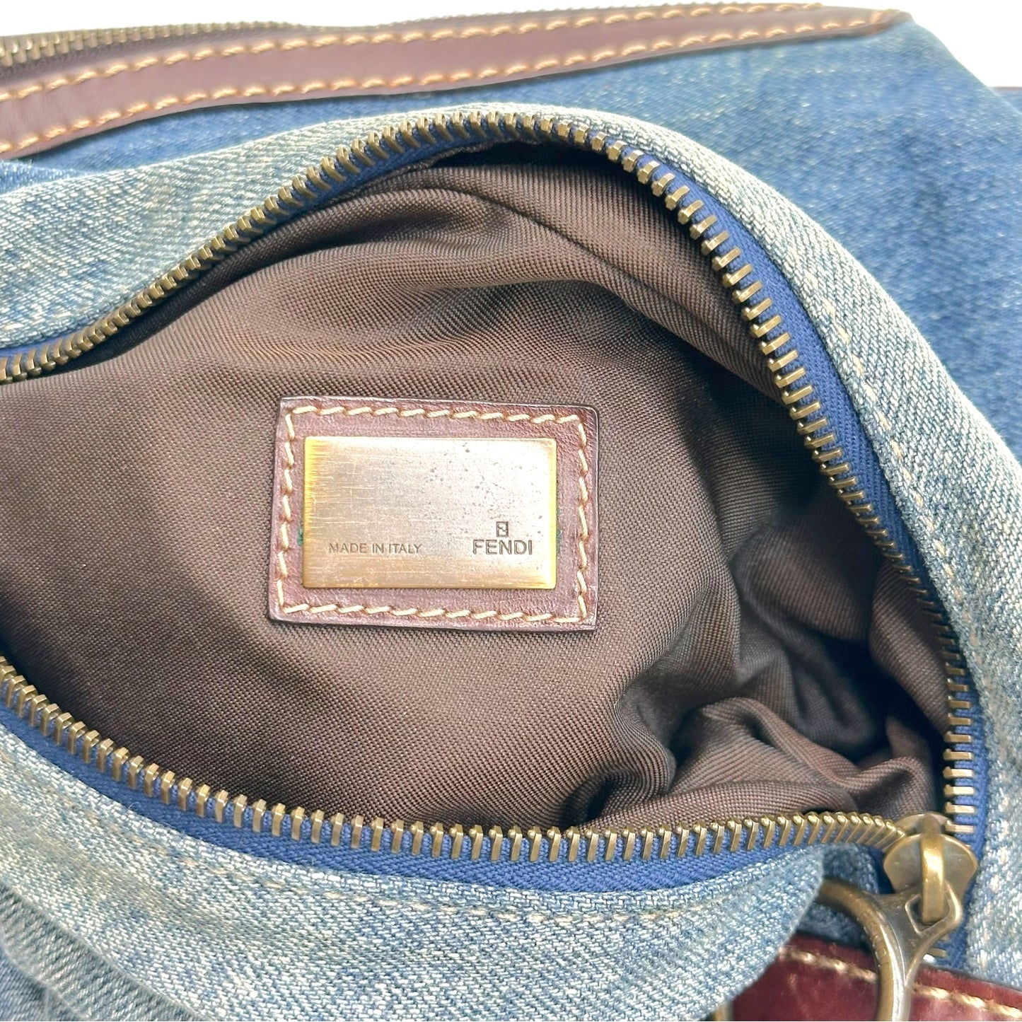 Fendi Denim & Brown Leather Large Oyster Shoulder Bag