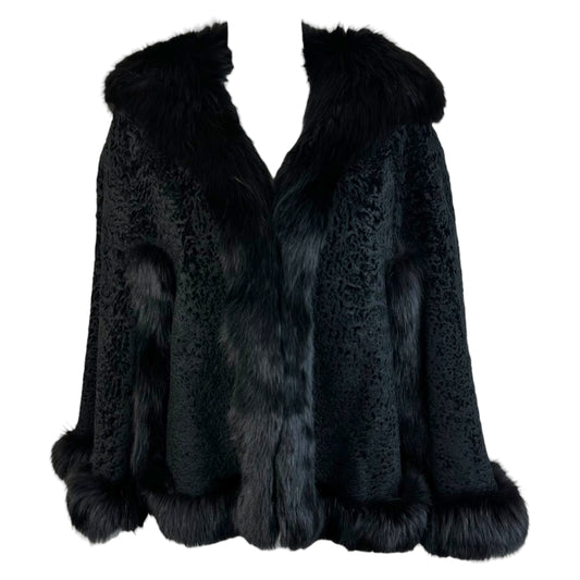 Vintage Black Fox Fur & Silk Cape
