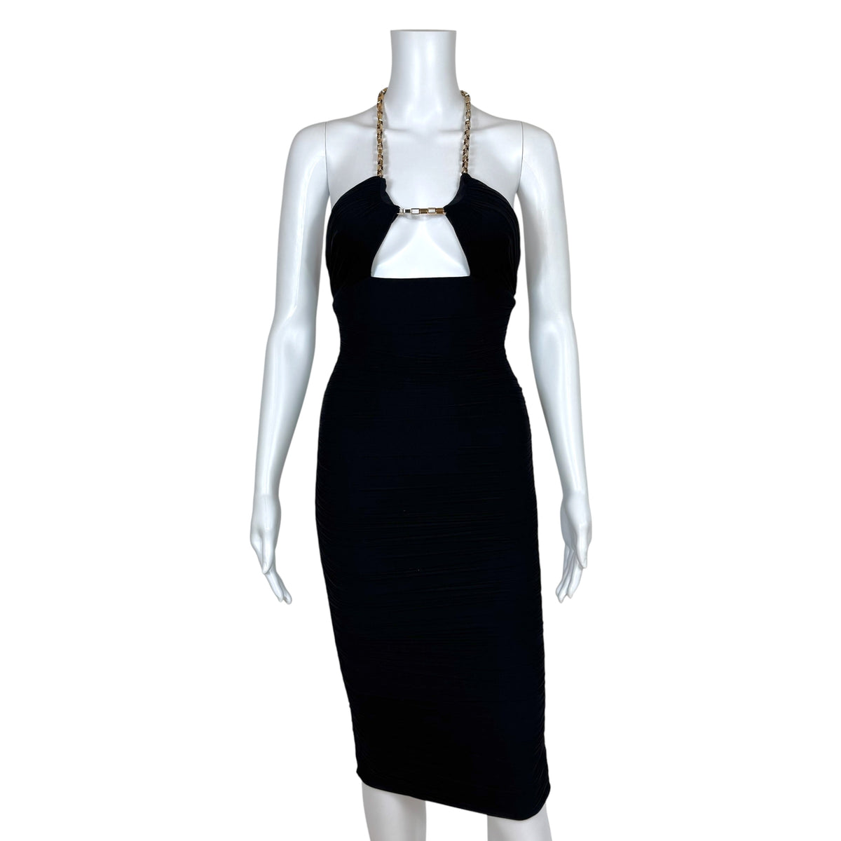 Dsquared2 Black Ruched Halter Mini Dress with Gold Chain