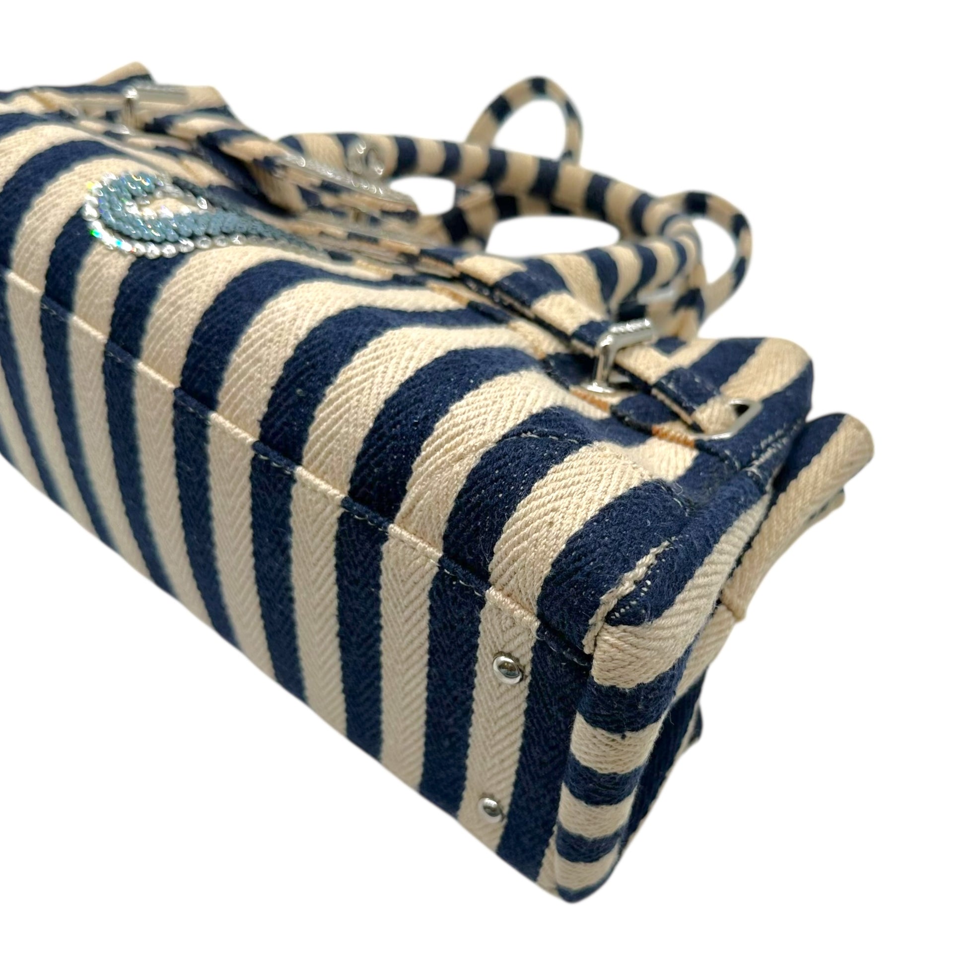 Tsuru Navy Ivory Striped Rhinestone Firkin Bag