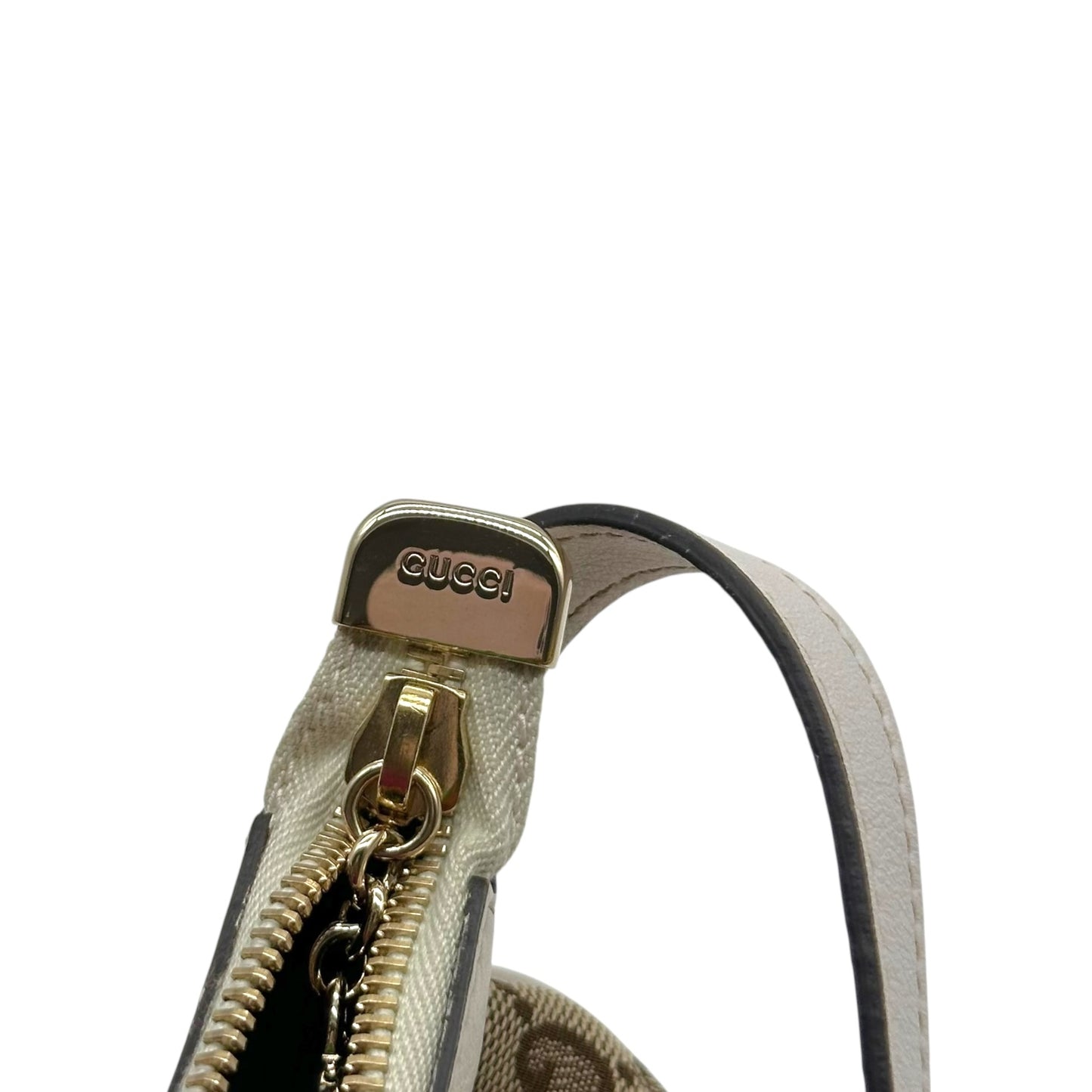 Gucci Tan Monogram & White Leather Trim Pochette Bag