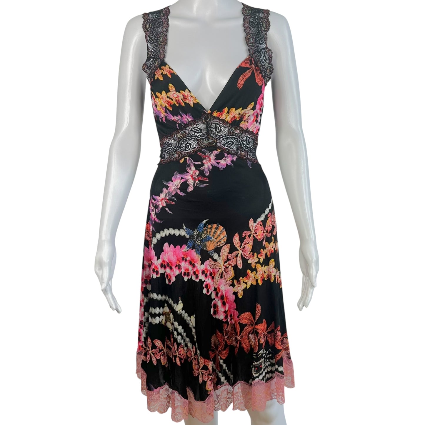 Just Cavalli Black Multicolor Floral Lace Trim Midi Dress