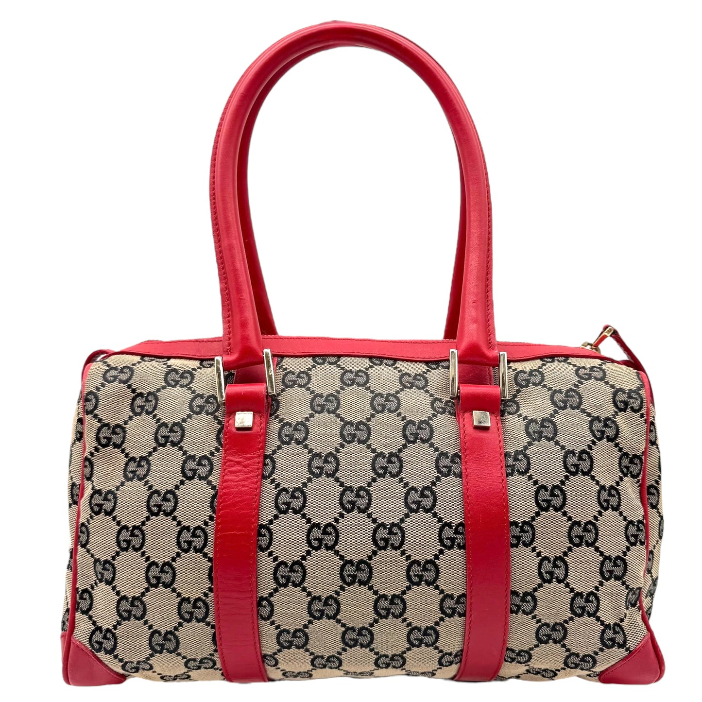 Gucci Gray Monogram & Red Leather Boston Bag - Outfit Repeater