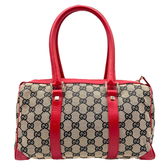Gucci Gray Monogram & Red Leather Boston Bag