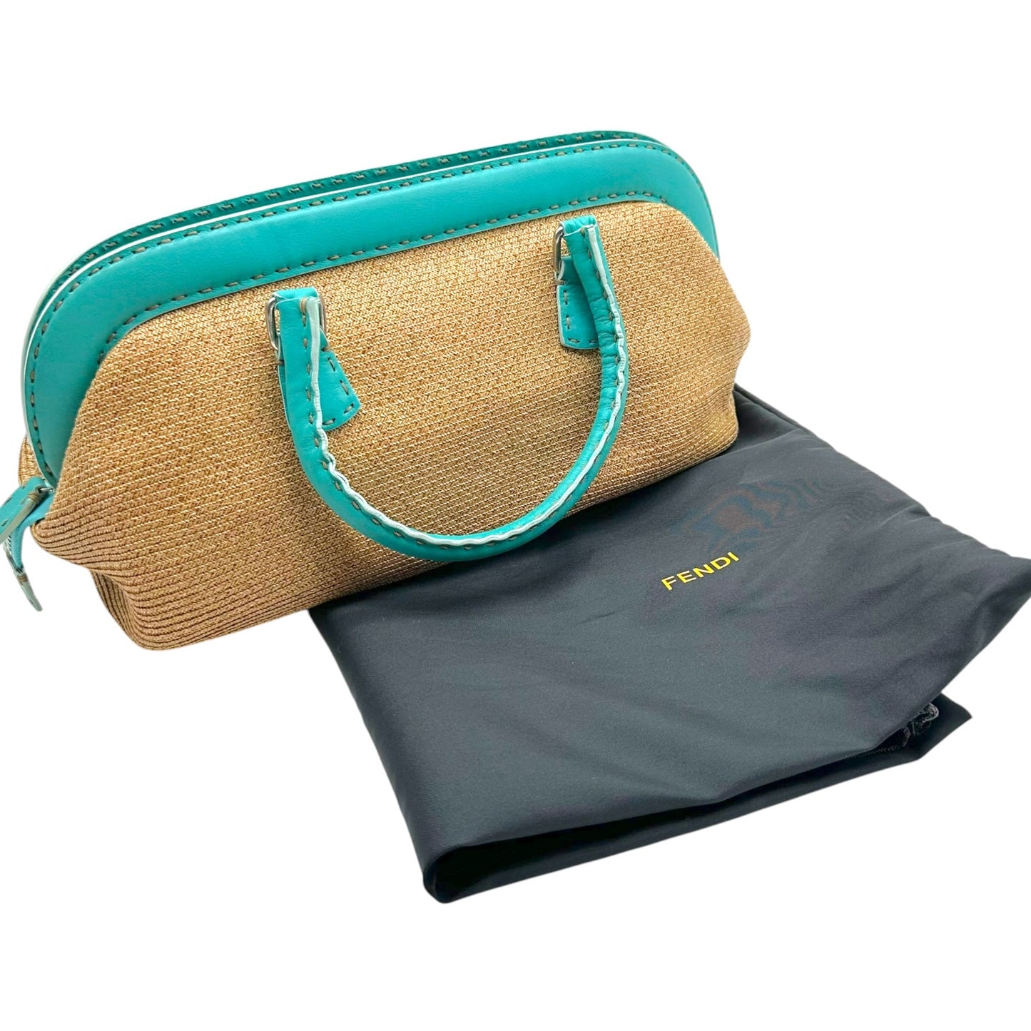 Fendi Selleria Raffia & Turquoise Leather Trim Doctors Bag