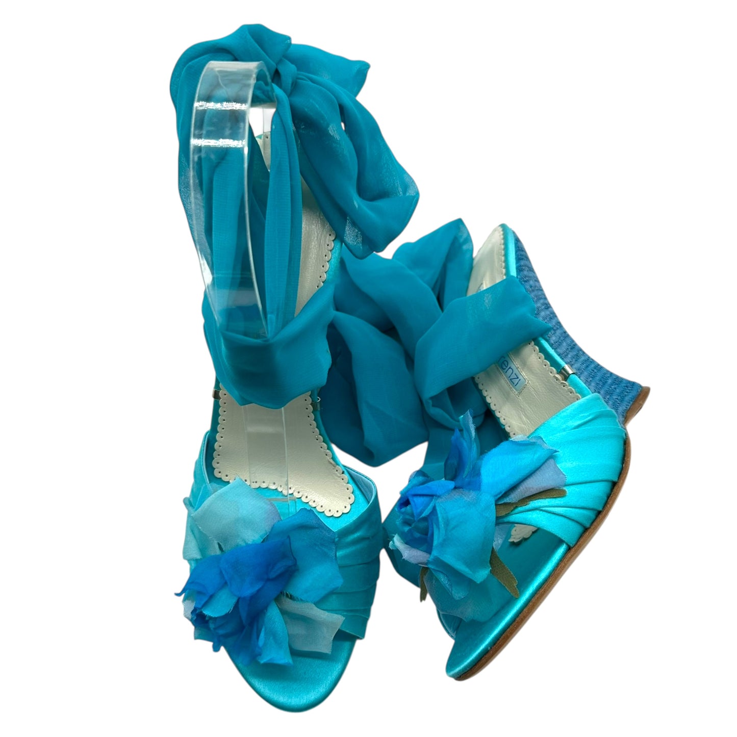 Gianmarco Lorenzi Blue Flower Embellished Wrap Wedge Heels