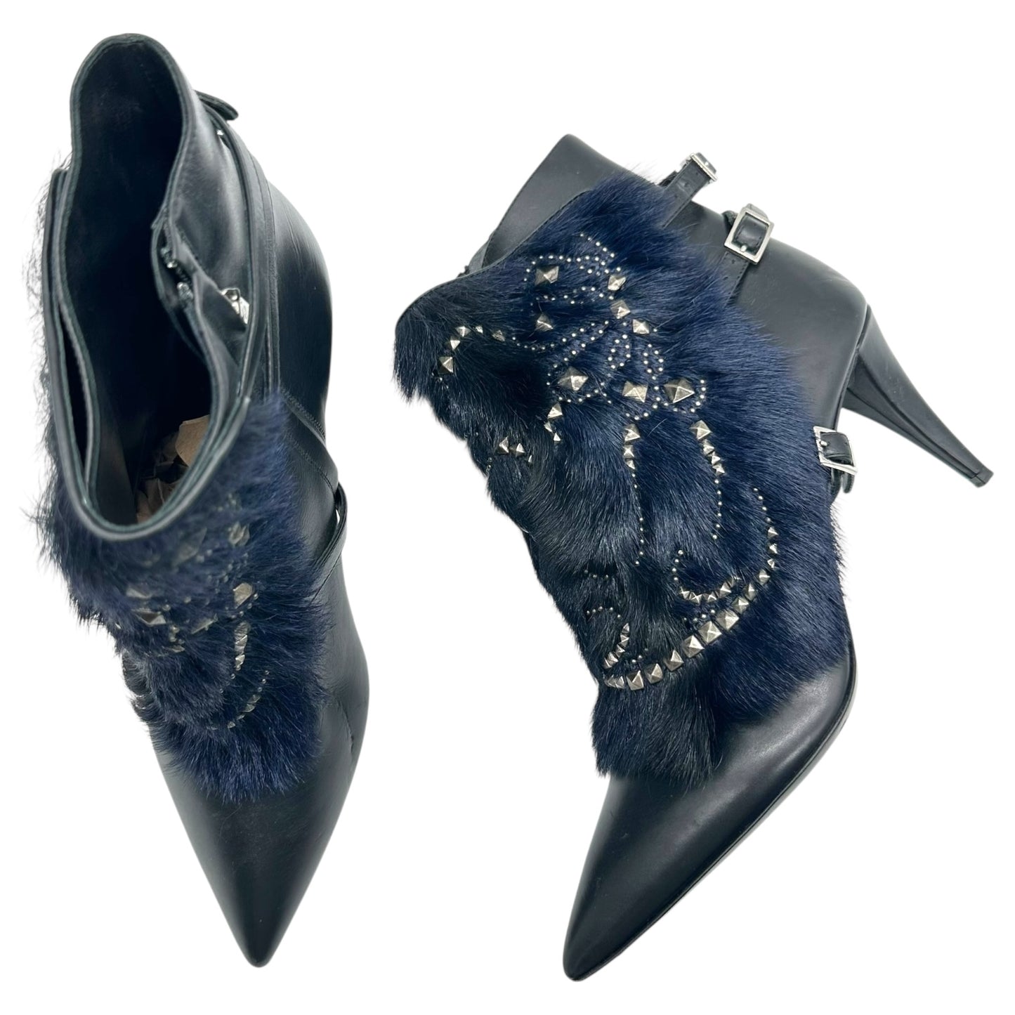 Roberto Cavalli Black Leather Studded Fur Trim Heeled Boots