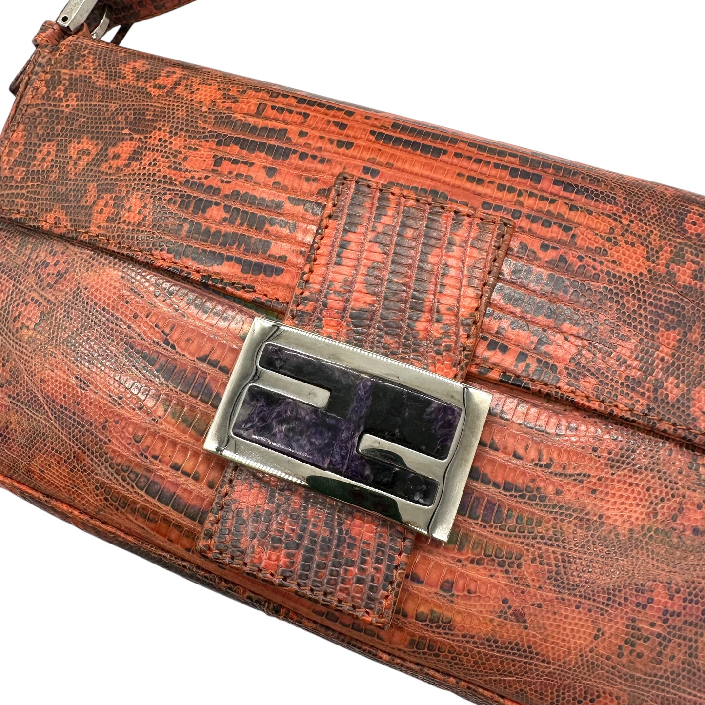 Fendi Coral Iridescent Lizard & Purple Stone Baguette Bag - Outfit Repeater