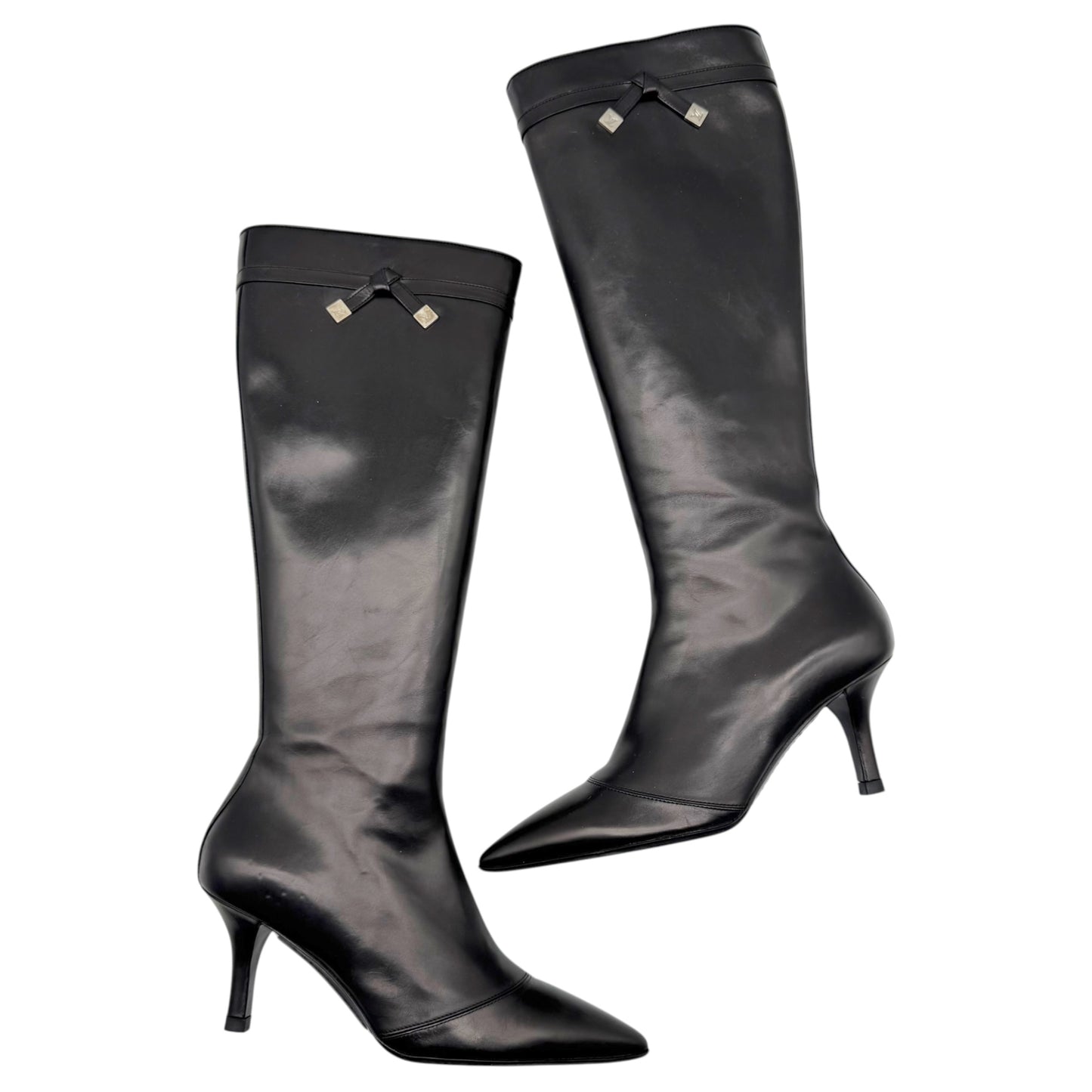 Louis Vuitton Black Leather LV Logo Bow Heeled Knee High Pointed Toe Boots