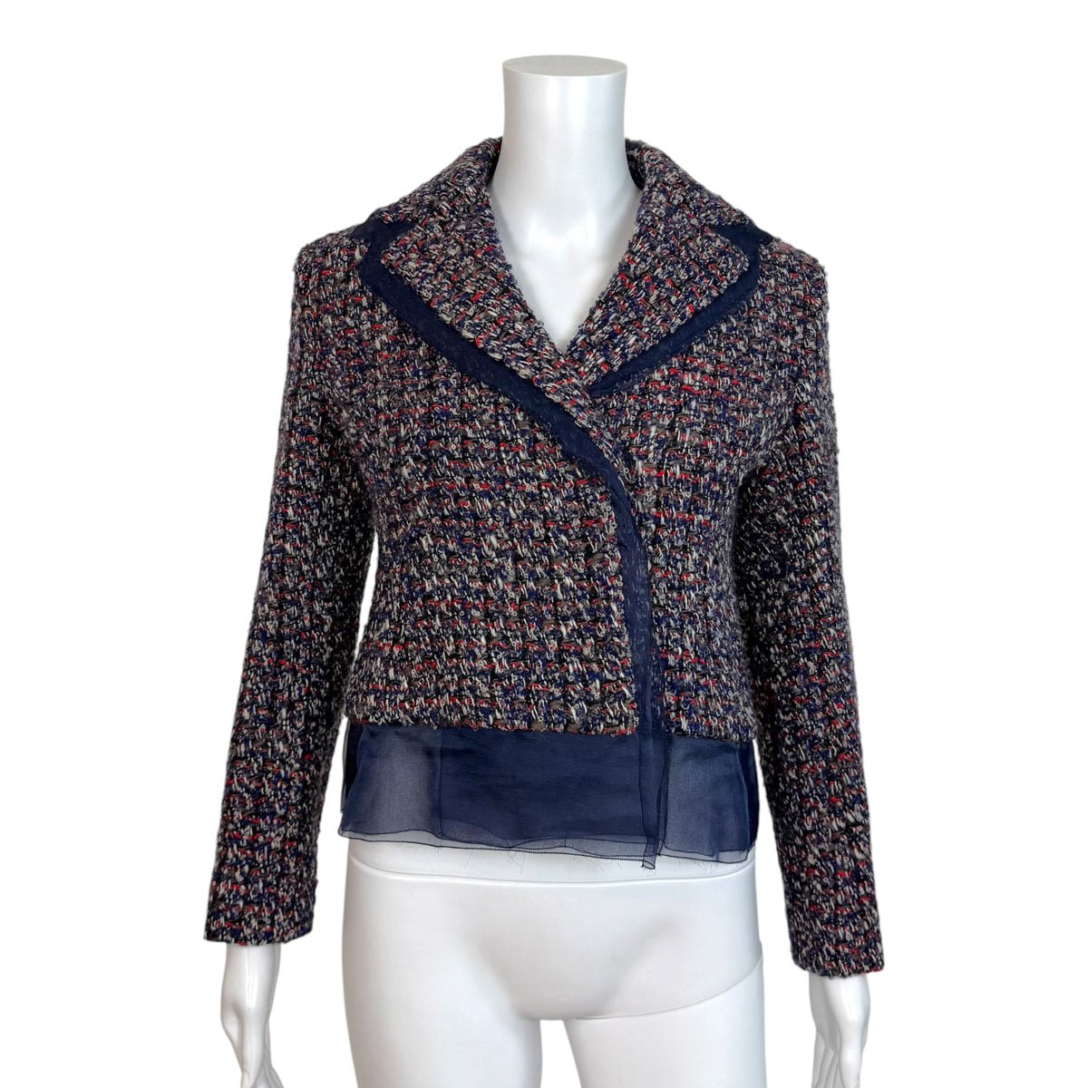 Christian Dior Navy Blue Red Tweed Silk Trim Cropped Jacket