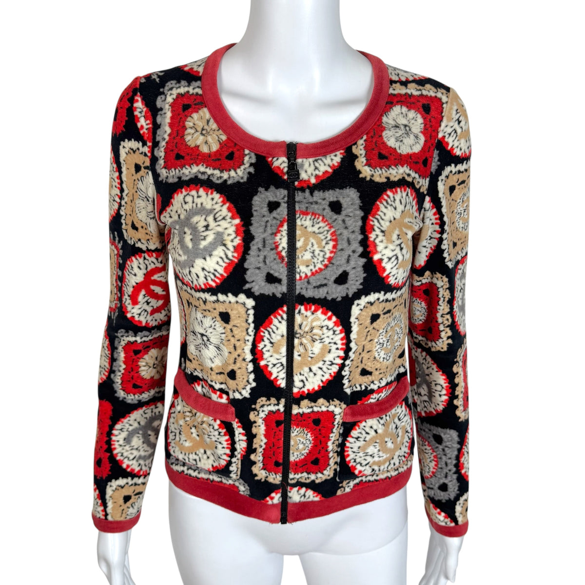 Chanel Spring 2009 Velour Crochet Square Logo Print Velour Zip-Up Top