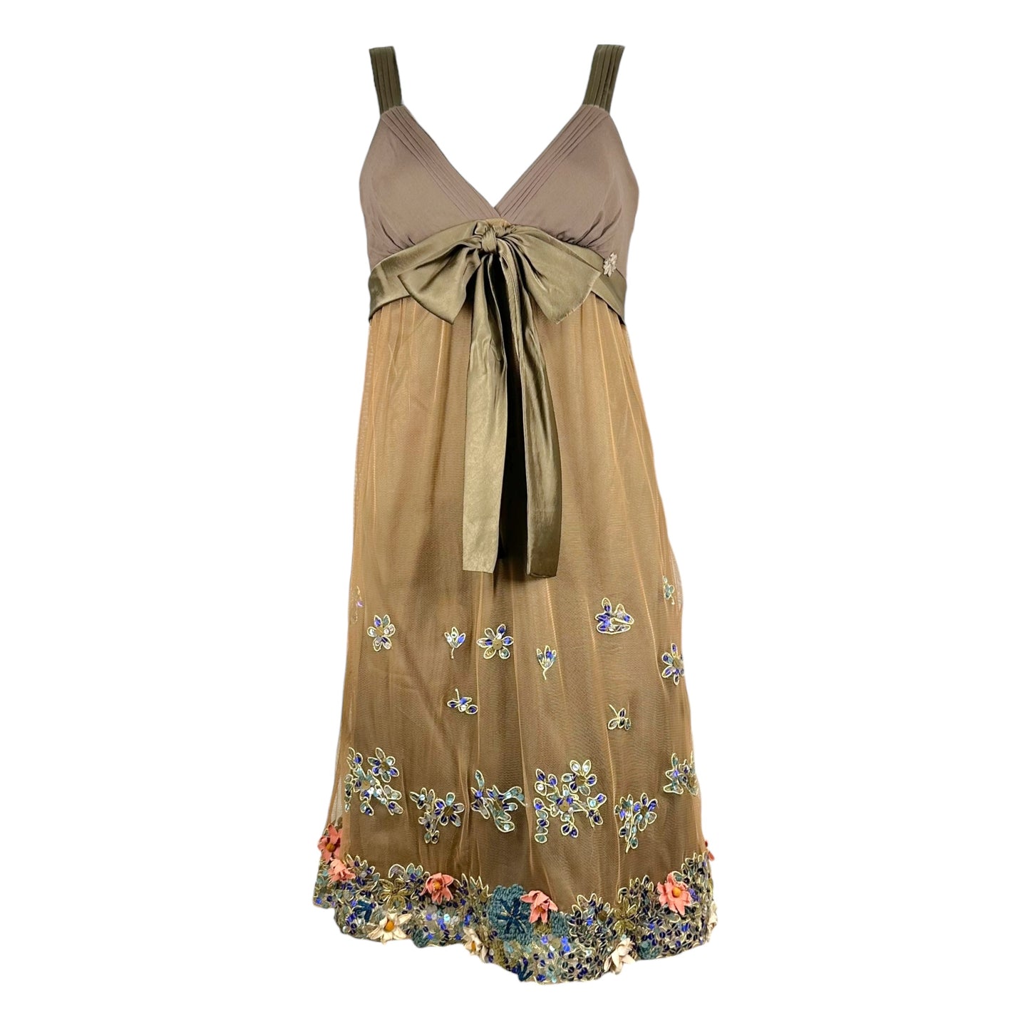 Galliano Mini Dress Khaki Green Silk Tulle Floral Beaded