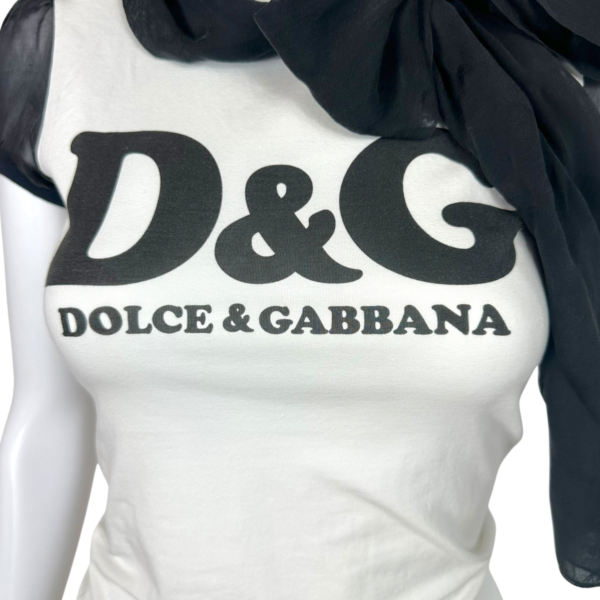 D&G Dolce & Gabbana Silk Tie-Neck Black & White Logo T-Shirt