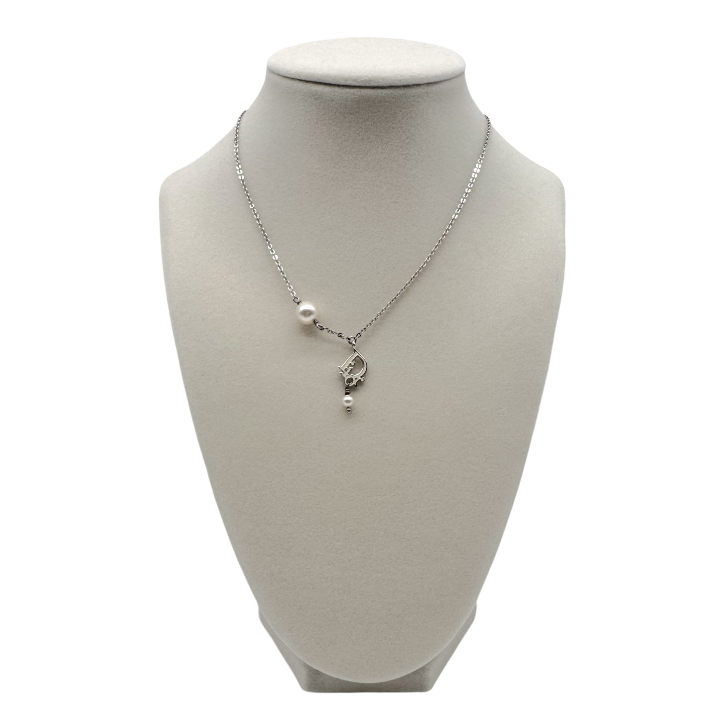 Christian Dior Silver Logo & Pearl Charm Necklace
