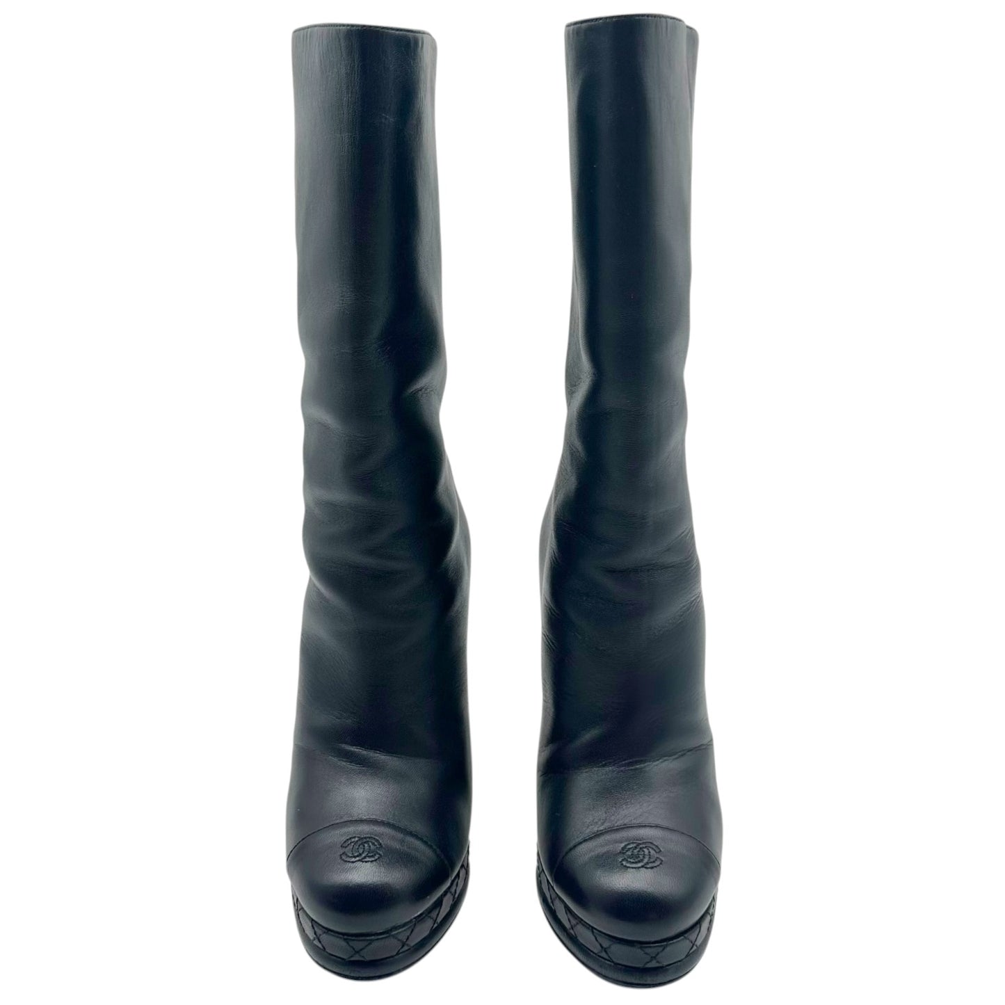 Chanel Black Leather CC Logo Toe Platform Heeled Boots