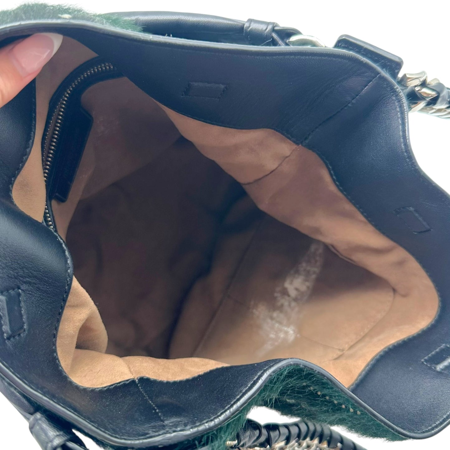 Roberto Cavalli F/W 2005 Dark Green & Gunmetal Gray Studded 2-Way Fur Bucket Bag