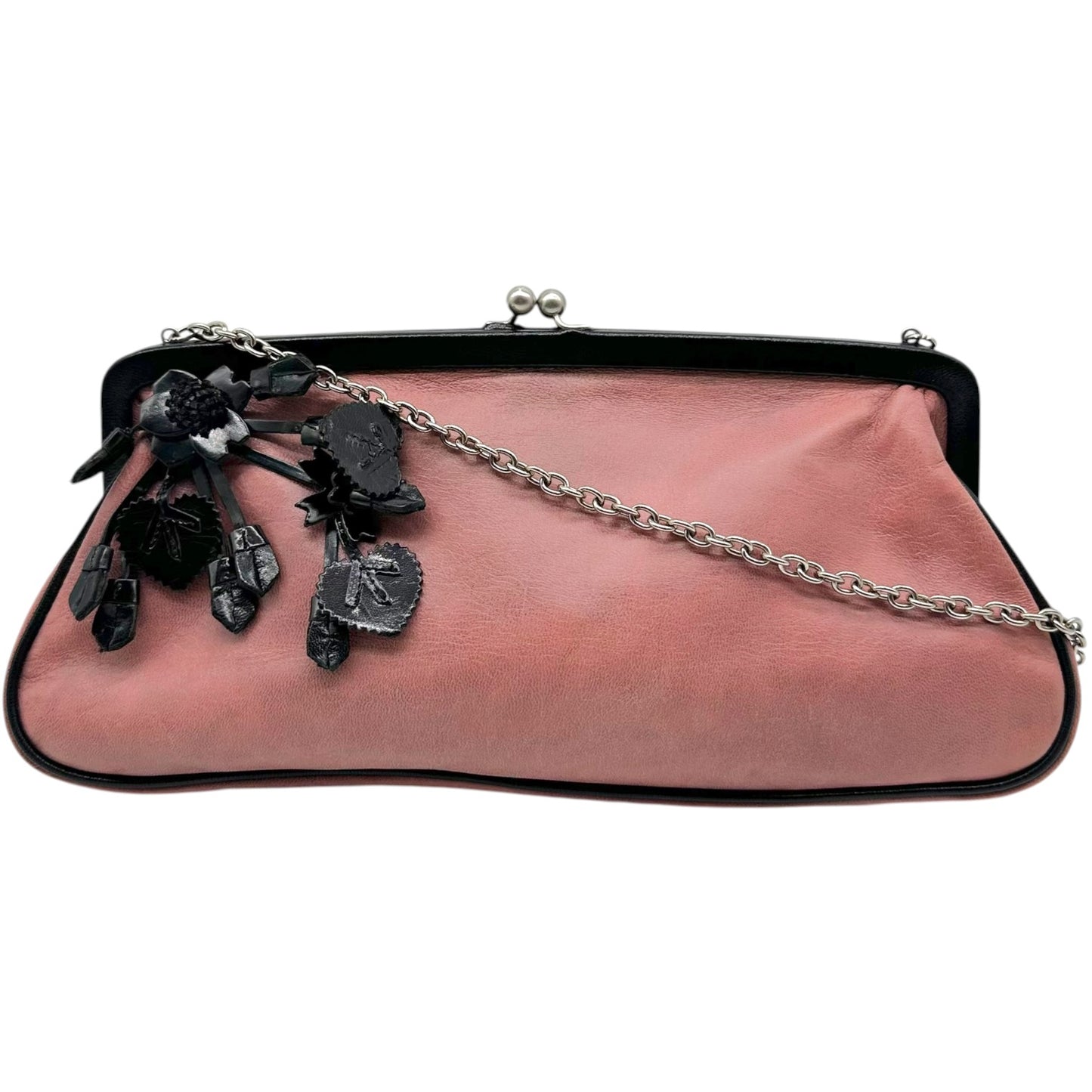 Prada Pink Black Floral Applique Clutch Bag