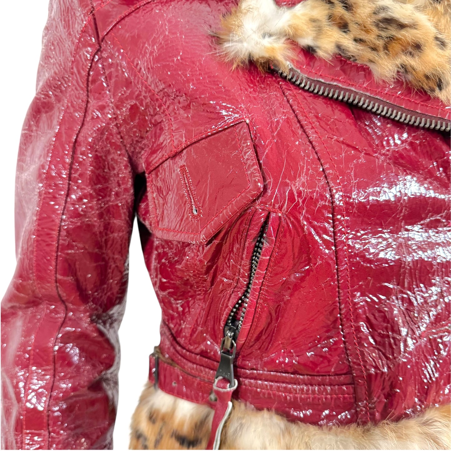 D&G Dolce & Gabbana Red Distressed Patent Leopard Rabbit Fur Lined Crop Moto Jacket