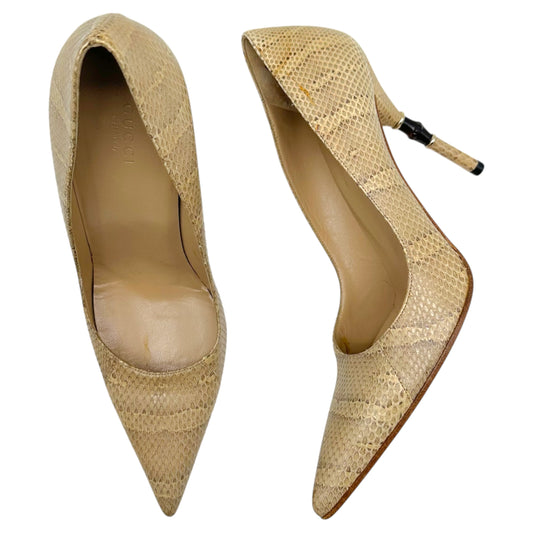 Gucci Pointed Toe Pumps Ivory Snakeskin Bamboo Heel