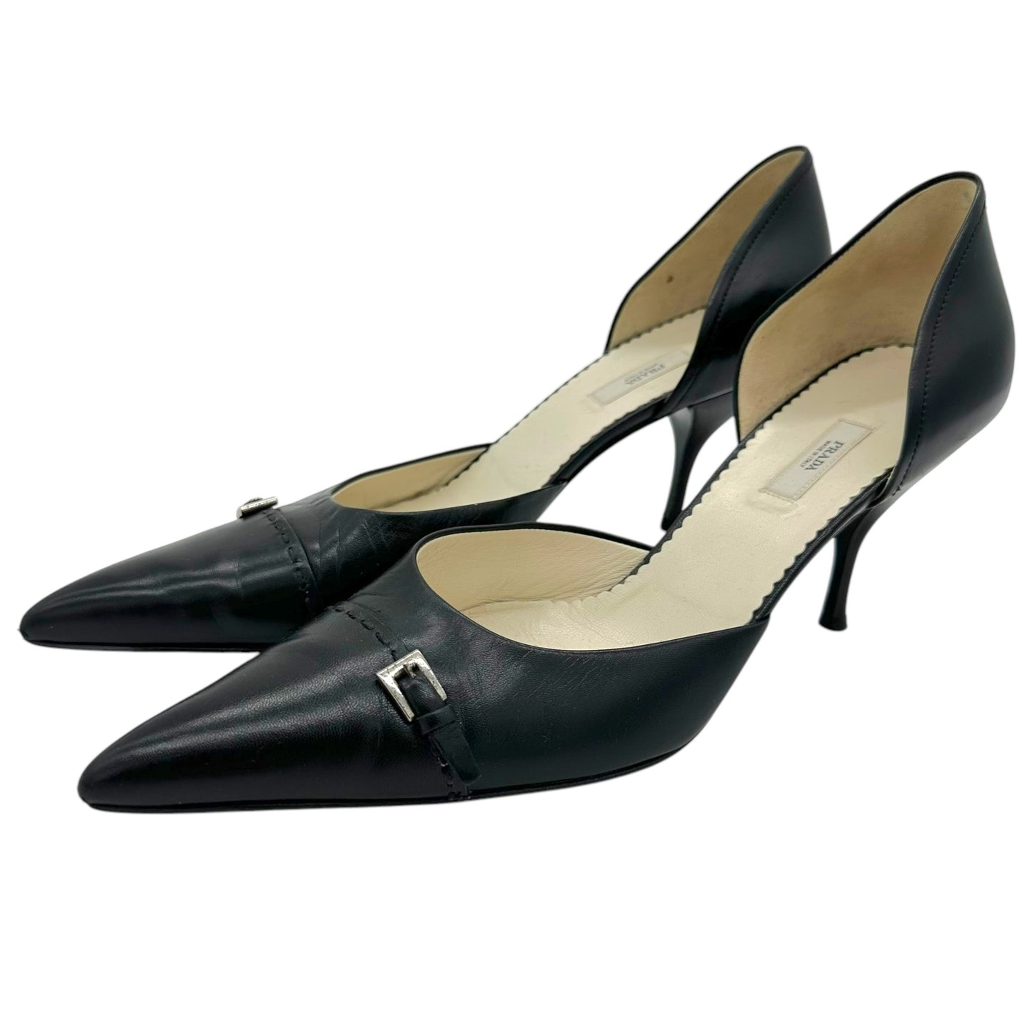 Prada Black Leather Buckle Kitten Heels