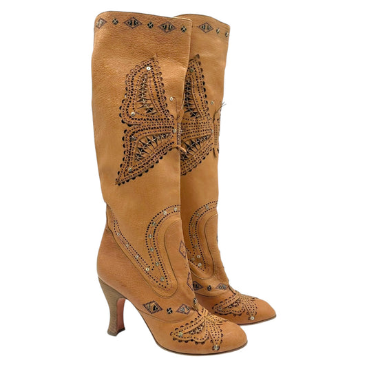 Anna Sui Brown Heeled Butterfly Patchwork Leather Boots - Outfit Repeater