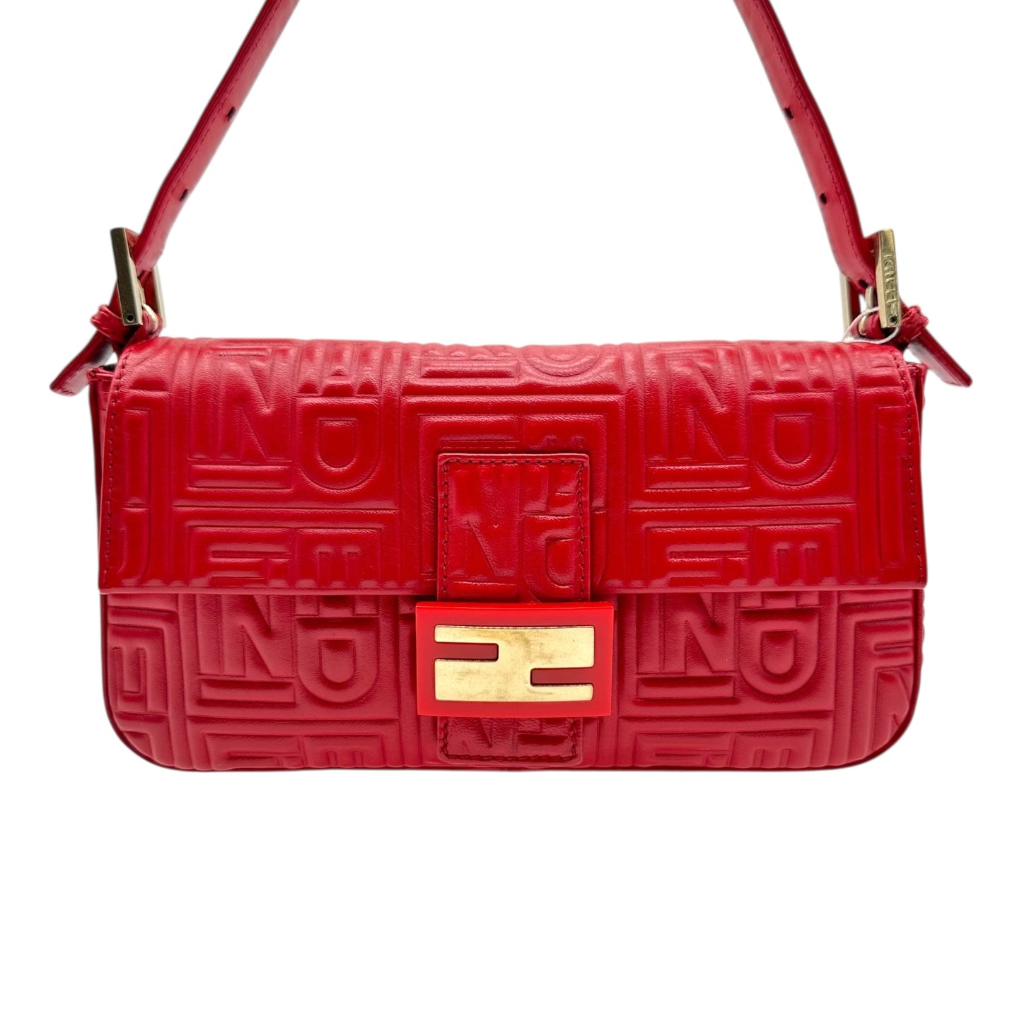 Fendi Red Leather Embossed Logo Baguette Bag