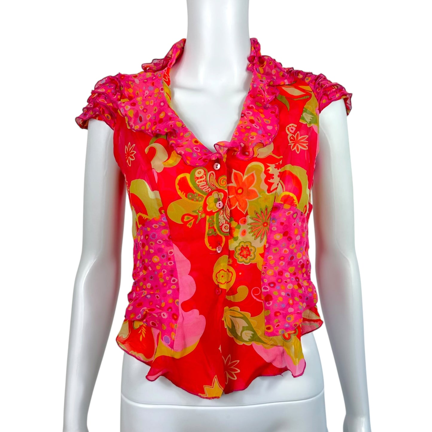 Emmanual Ungaro Fever Red & Pink Floral Cropped Tie-Back Silk Blouse