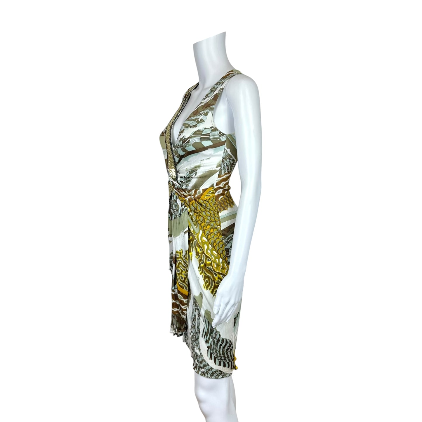 Emilio Pucci Green & Brown Printed Sequin Trim Wrap Dress