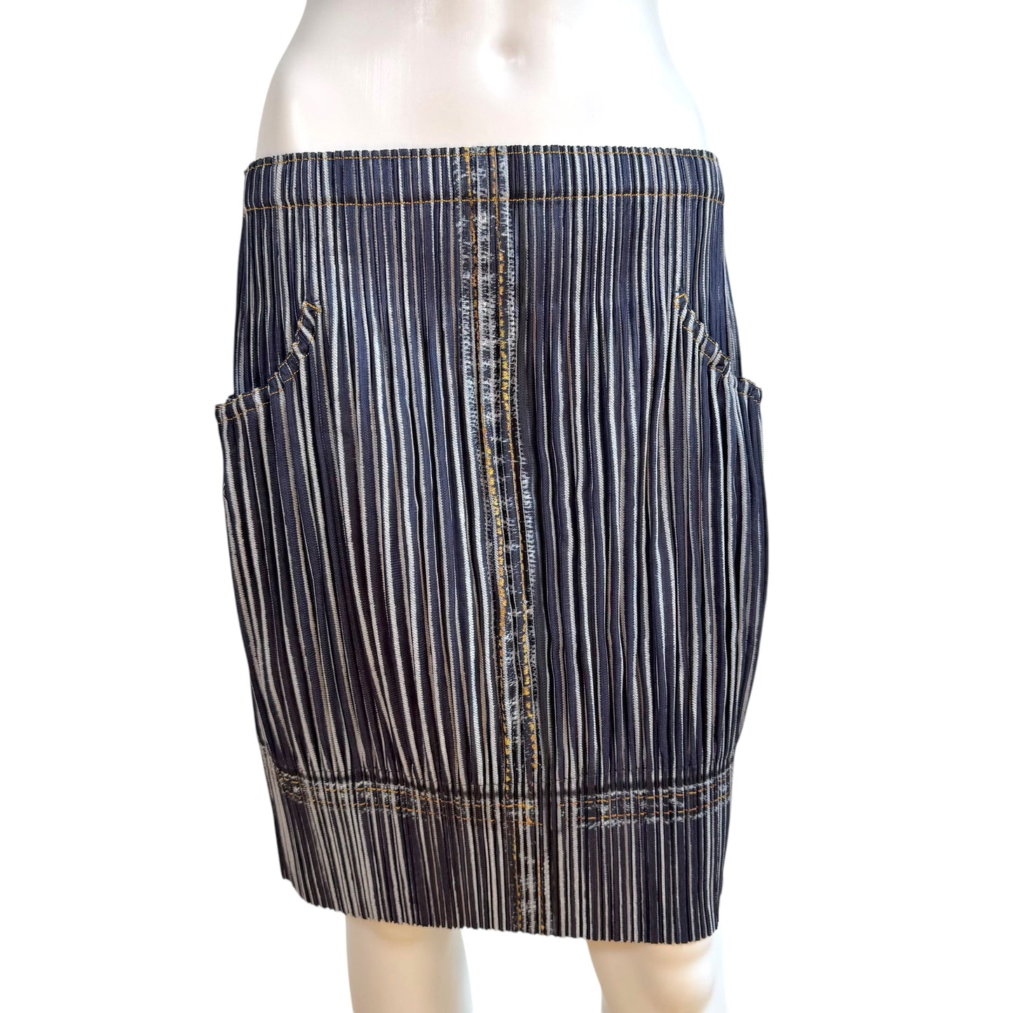 Issey Miyake Pleats Please Two-Tone Denim Print Pleated Balloon Midi Skirt Sz 3