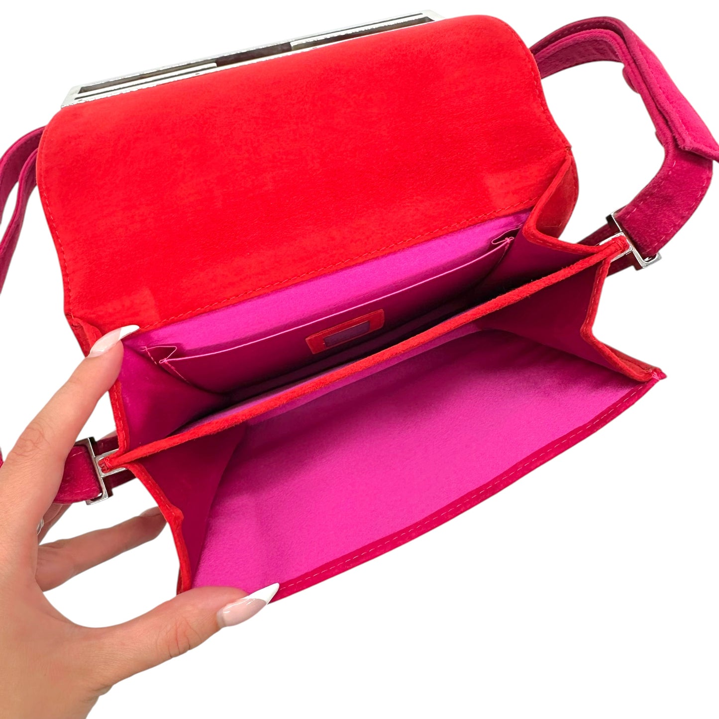 Fendi Convertible Shoulder Bag Pink Red Suede Logo Emblem