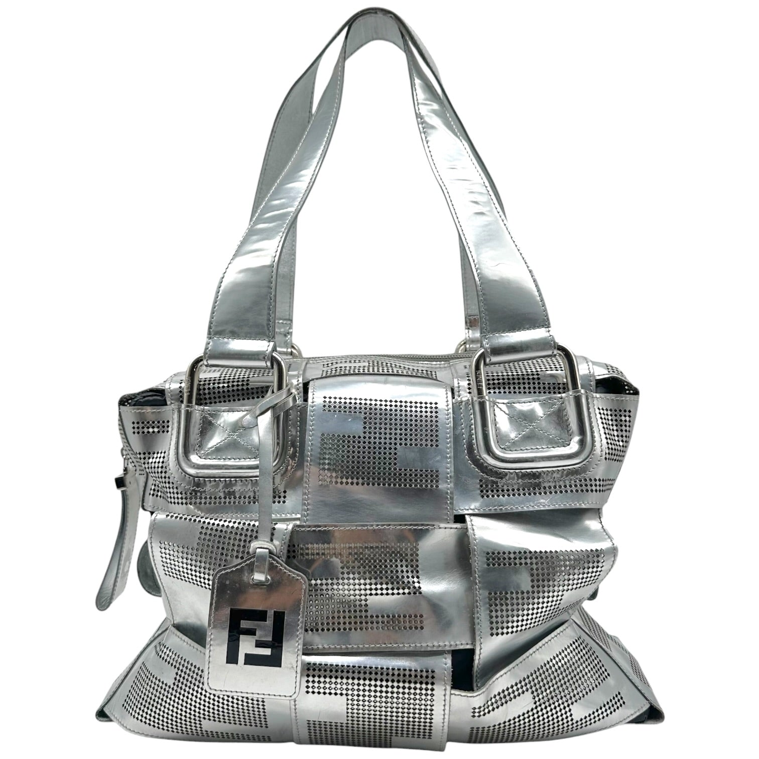 Fendi Silver Perforated Leather Shoulder Bag