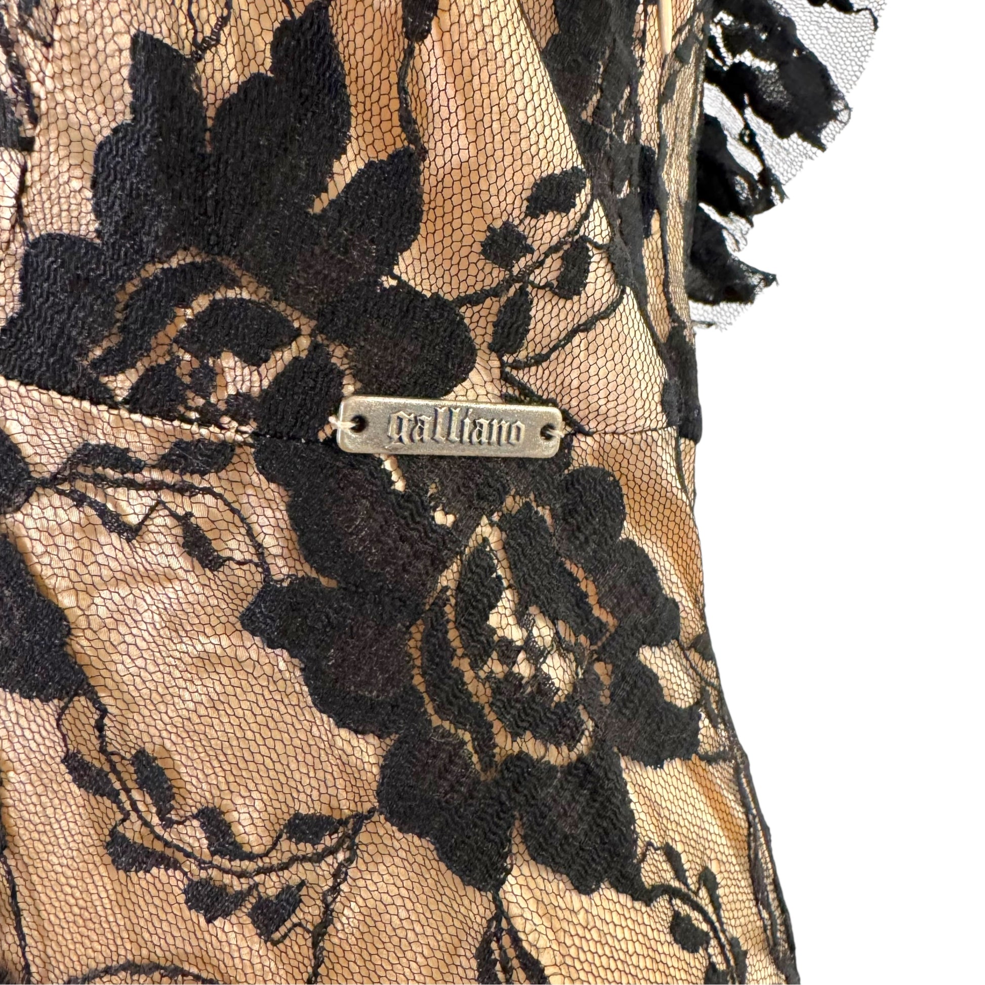 Galliano Black Lace Gown Dress Ruffle Trim Sleeveless