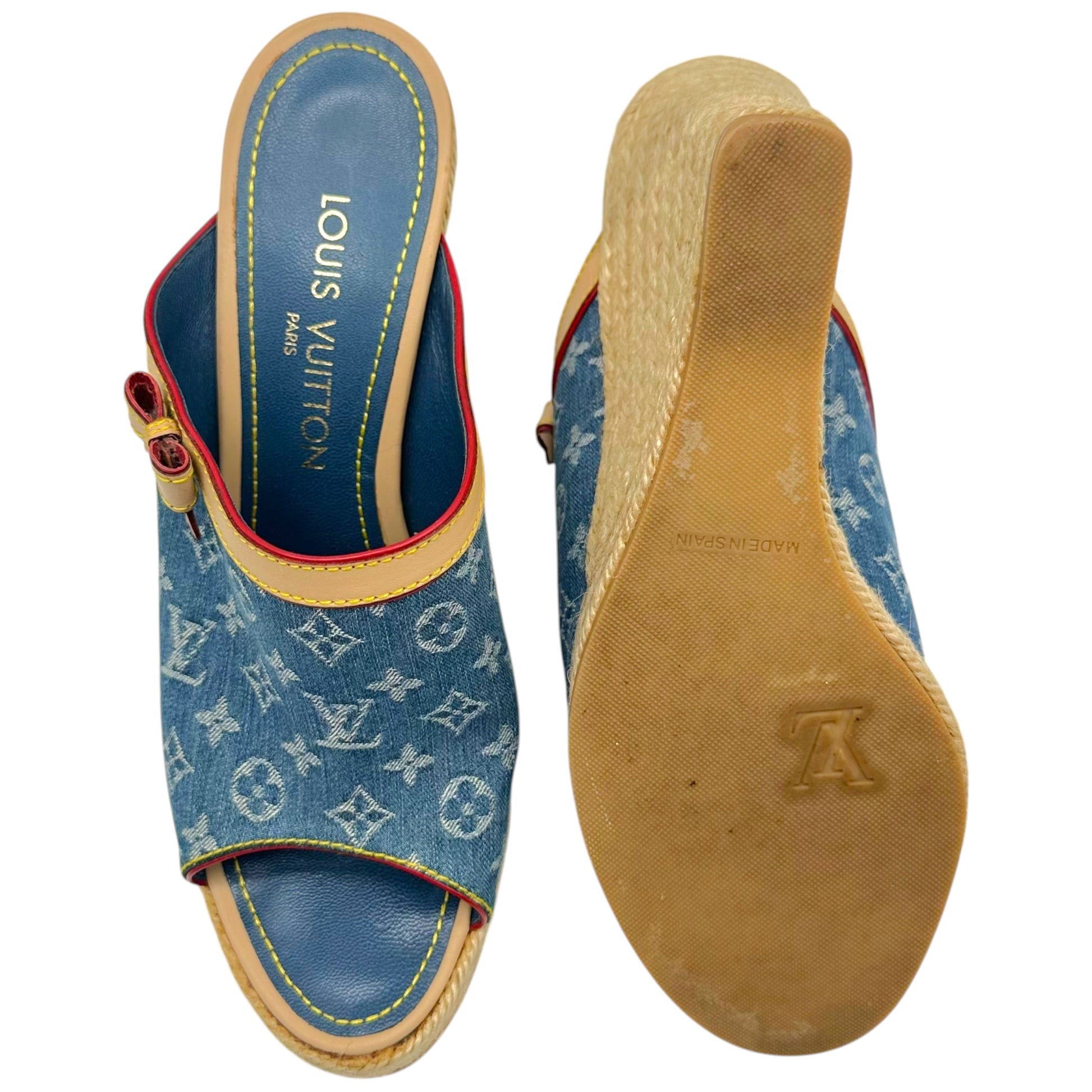 Louis Vuitton Denim Monogram Wedge Mule Heels