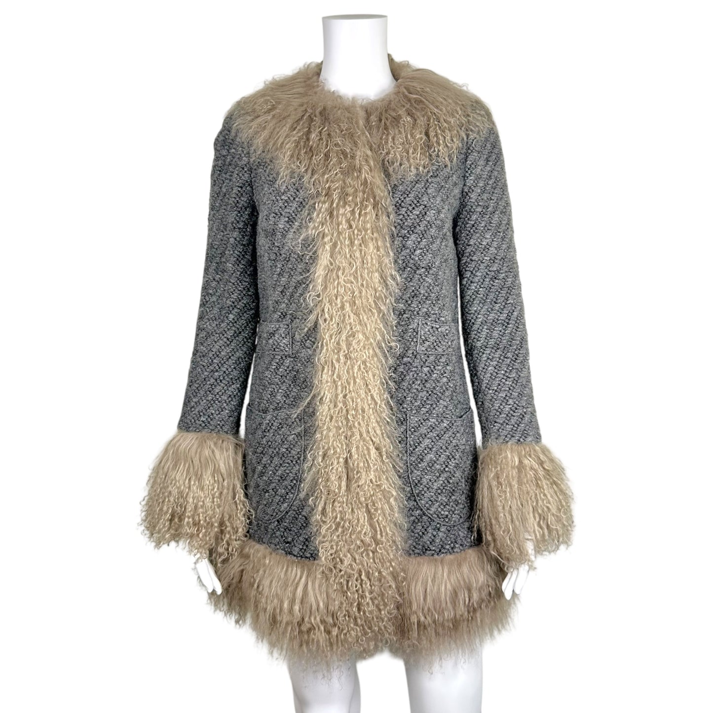 Dolce & Gabbana Gray Wool and Mongolian Lamb Fur Trim Afghan Coat