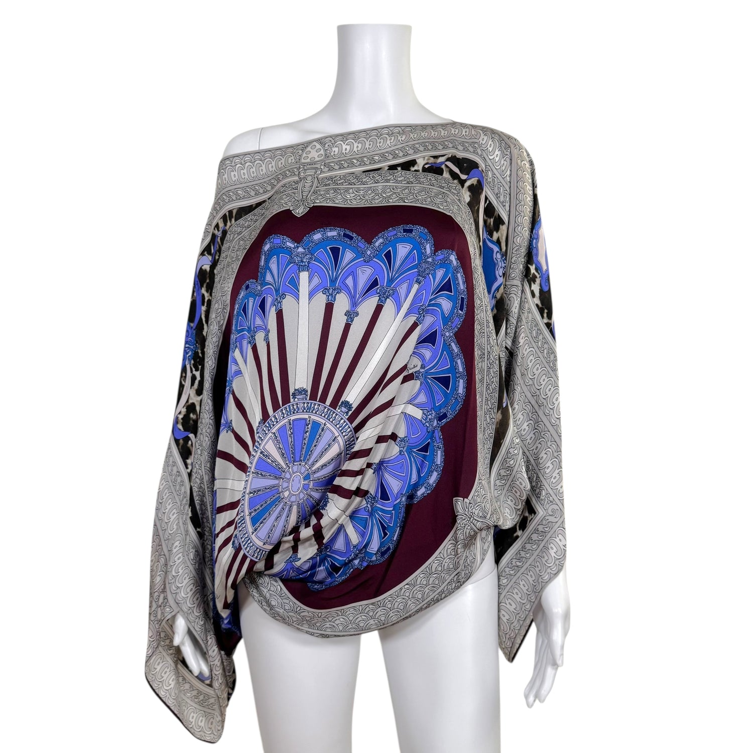 Emilio Pucci Blue & Gray Printed Silk Batwing Flowy Blouse - Outfit Repeater