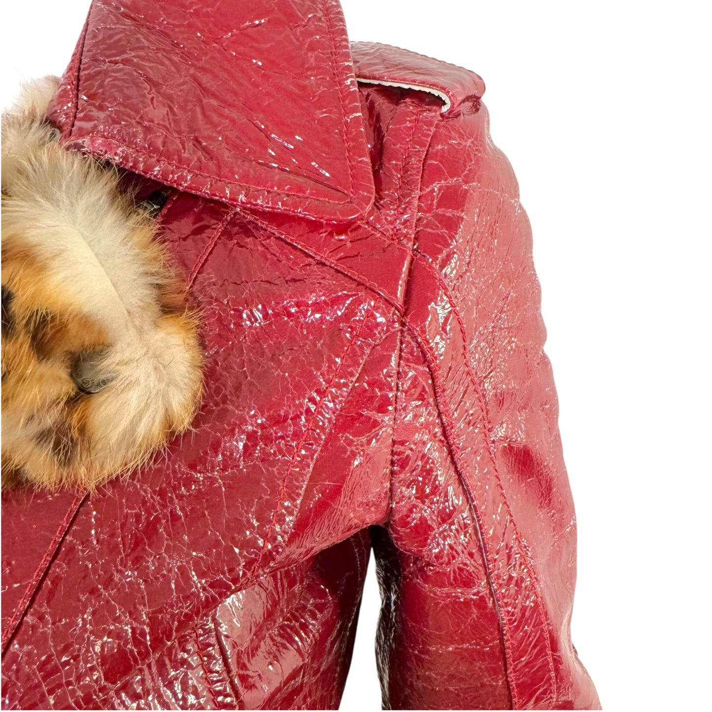 D&G Dolce & Gabbana Red Distressed Patent Leopard Rabbit Fur Lined Crop Moto Jacket