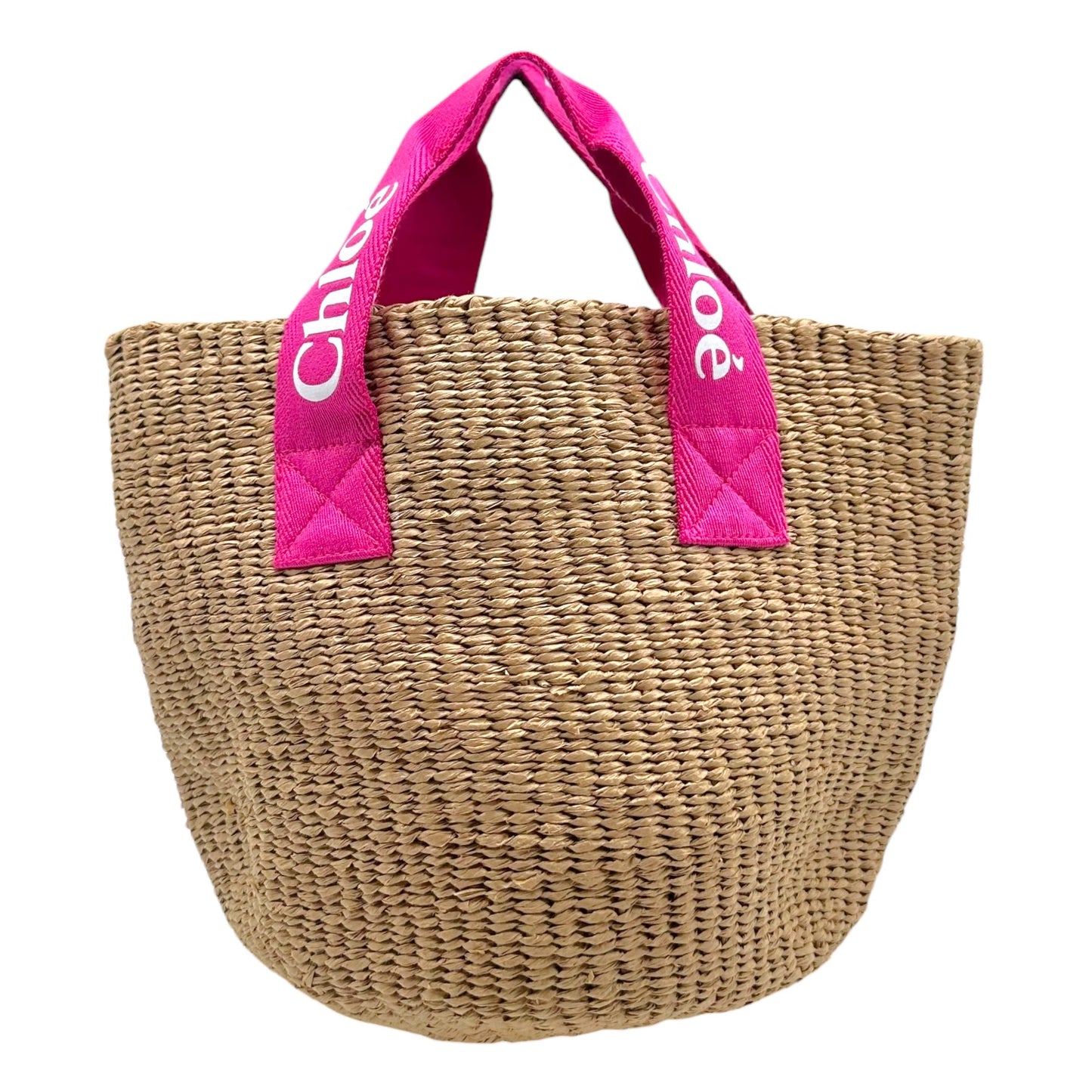 Chloé Pink Logo Handle Woven Wicker Basket Bag NEW