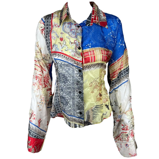 Just Cavalli Roberto Cavalli Multicolor Patchwork Wide Sleeve Silk Blouse