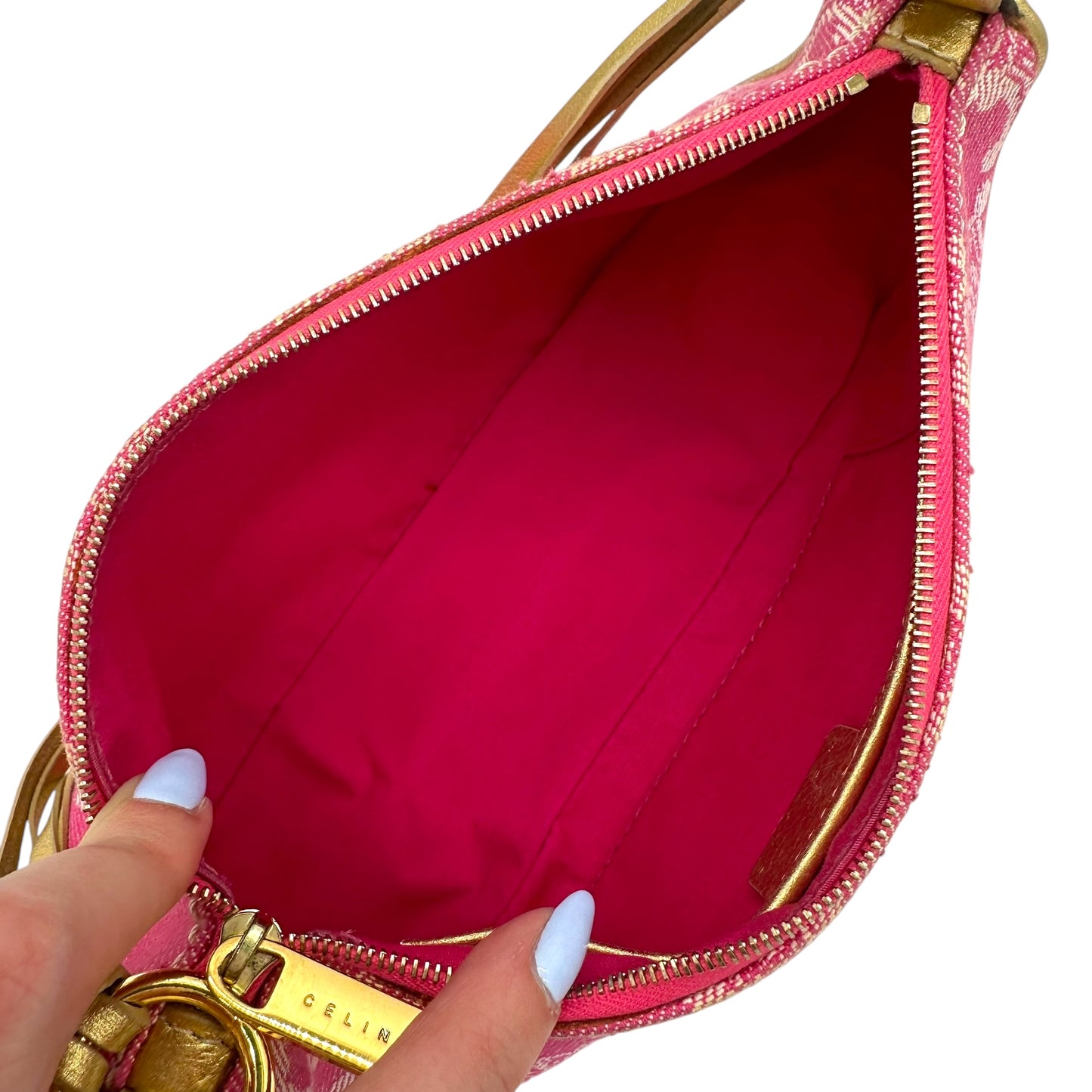 Celine Pink & Gold Denim Triomphe Monogram Pochette Bag - Outfit Repeater