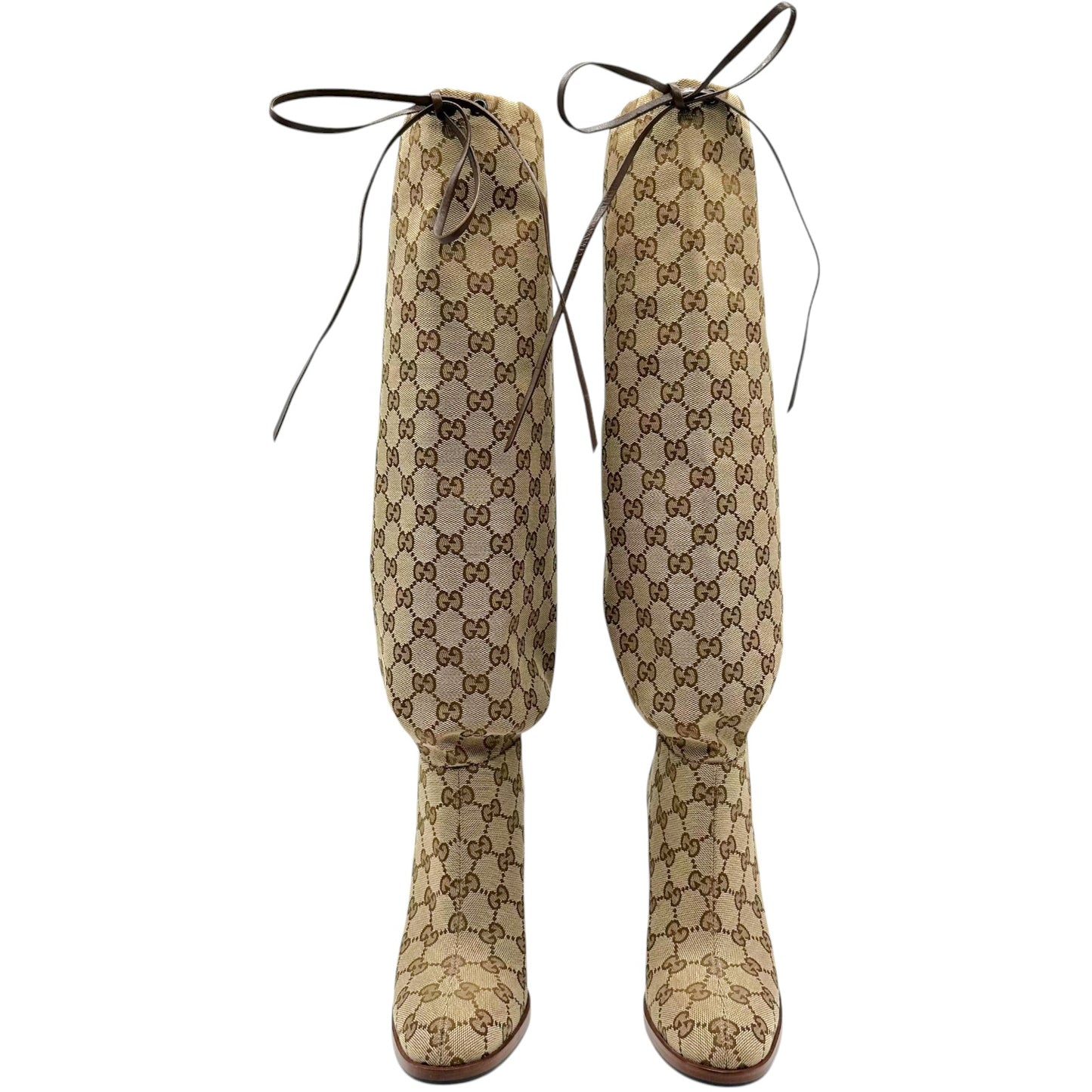 Gucci Tan Monogram Knee High Heeled Boots