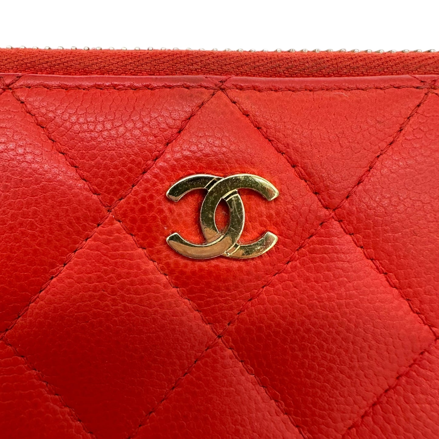 Chanel Coral Red Quilted Caviar Zip Long Wallet