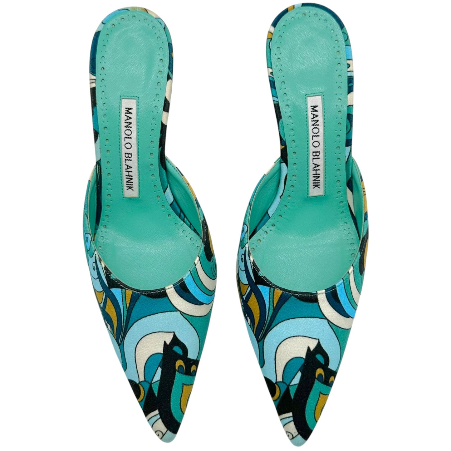 Manolo Blahnik Turquoise Swirl Print Kitten Heel Mules