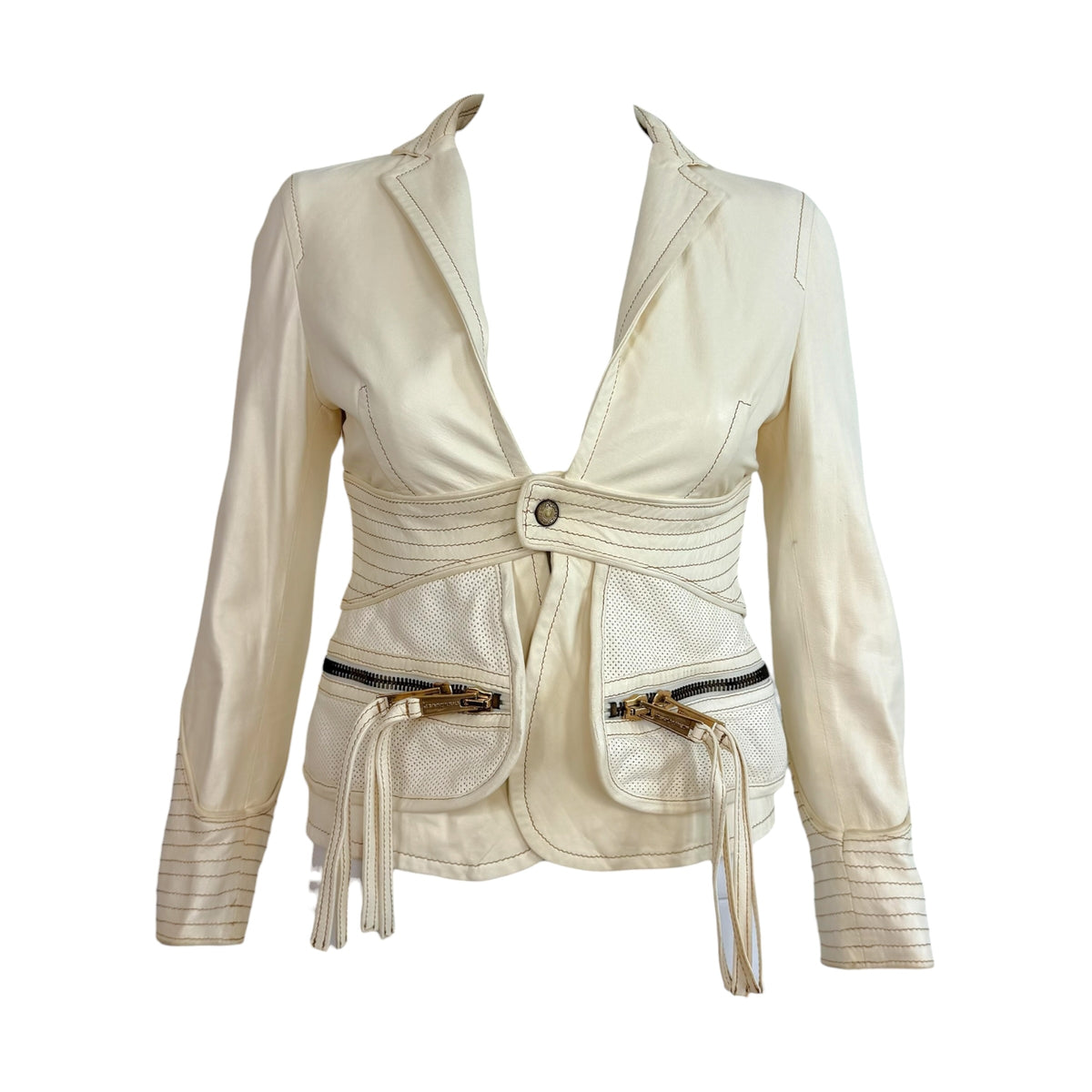Dsquared2 White 3/4 Sleeve Contrast Stitch Leather Blazer Jacket