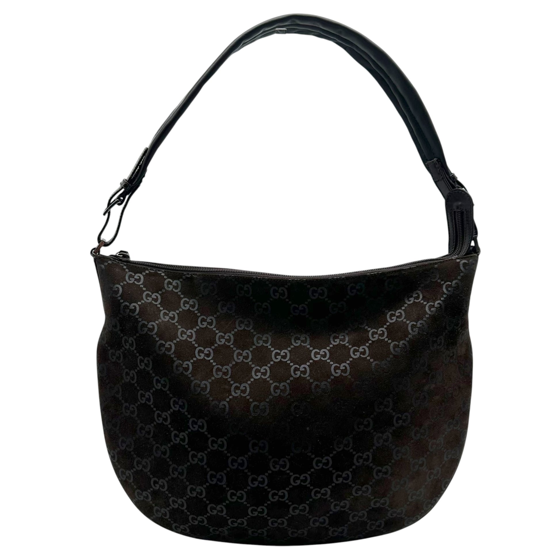 Gucci Brown Suede Monogram Crescent Hobo Bag