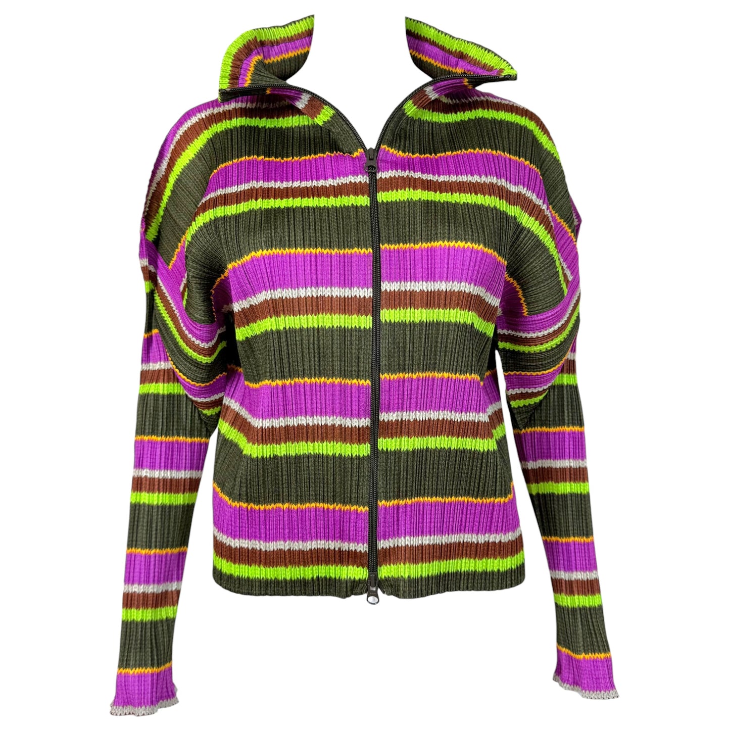 Issey Miyake Pleats Please Khaki Green & Purple Multi Striped Zip-Up Jacket Sz 3