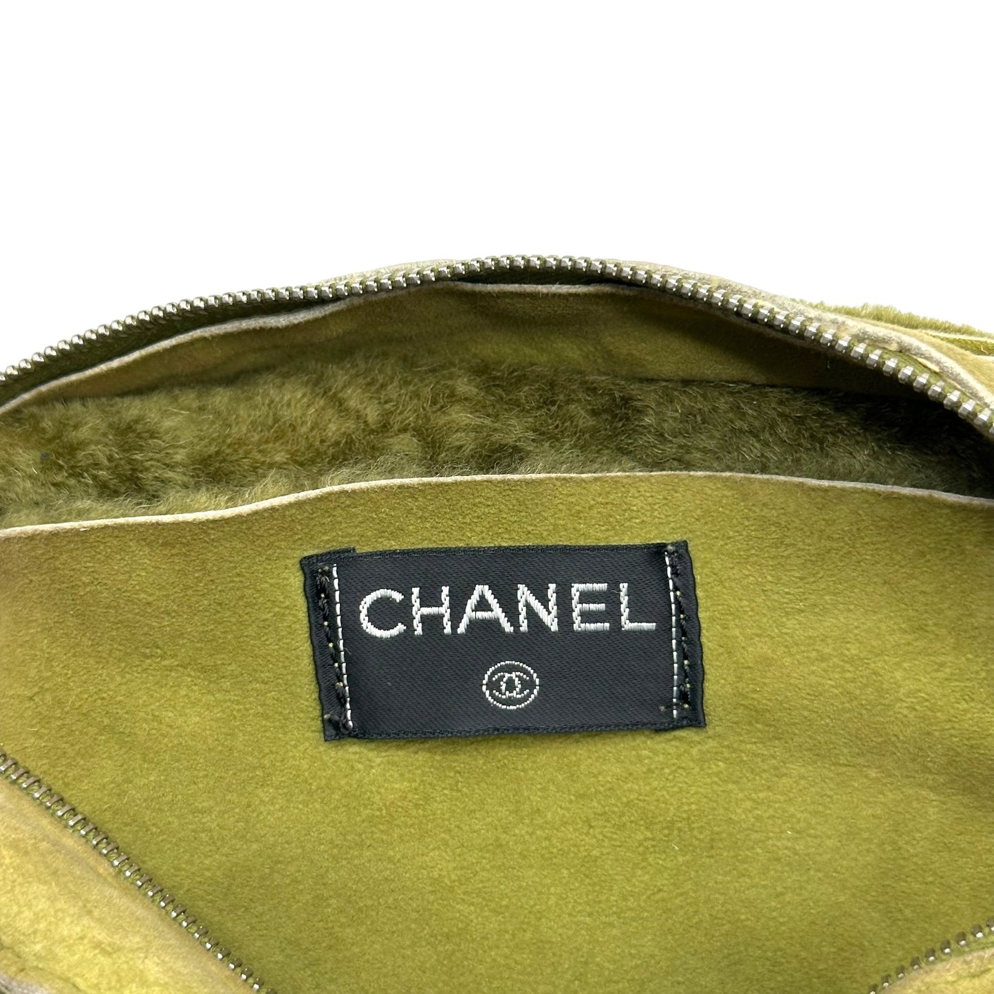 Chanel Khaki Green Shearling Logo Crossbody Bag 2000-02