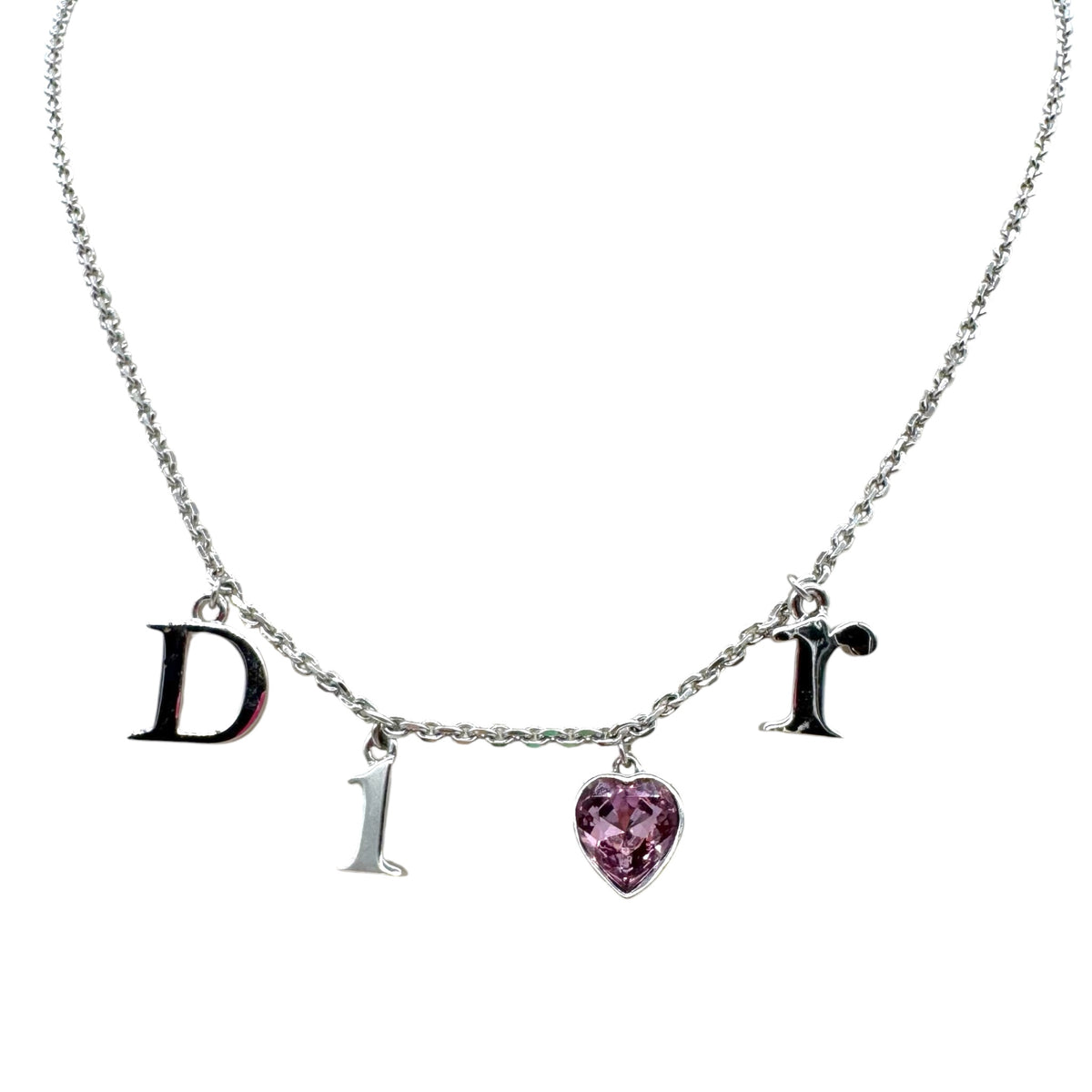 Christian Dior Silver Spell-Out Logo & Pink Crystal Heart Necklace
