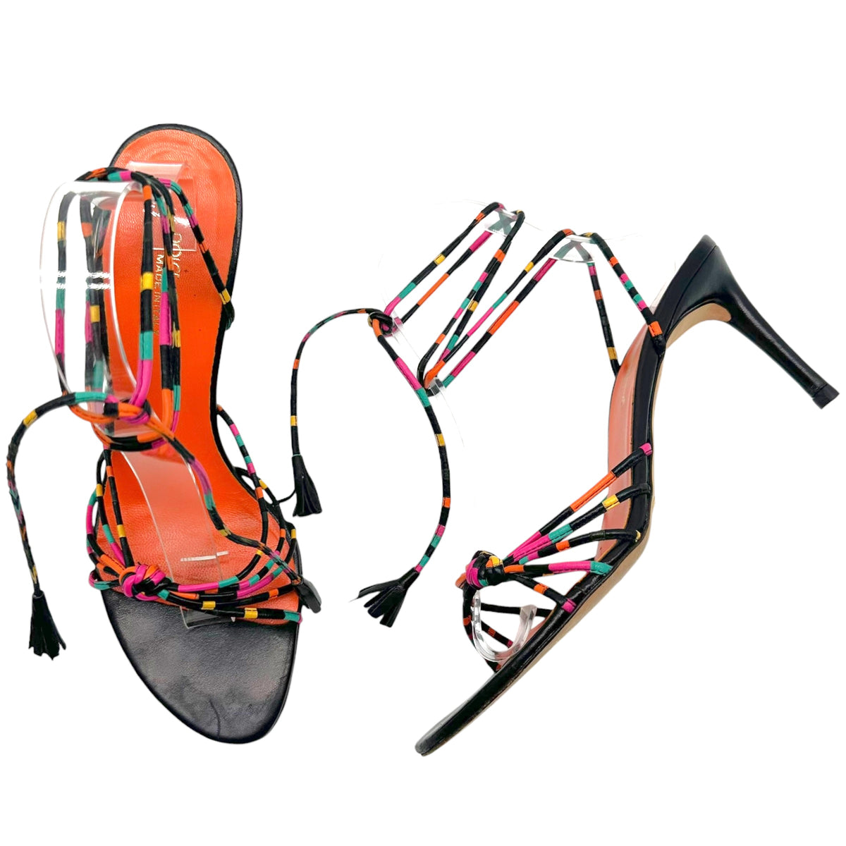 Dolce & Gabbana Black Multicolor Striped Wrap Sandal Heels